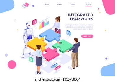 Flat cyborg idea, interactive engineer image. Partnership contact. Human interaction. Banner between white background, between empty space. 3d images isometric vector illustrations. Interacting people