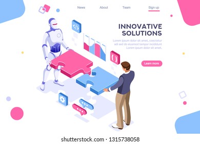 Flat cyborg idea, interactive engineer image. Partnership contact. Human interaction. Banner between white background, between empty space. 3d images isometric vector illustrations. Interacting people