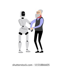 Flat cyborg robot assistant helps elderly grey-haired senior man to walk, holding hands. Support bot and male old character, futuristic computer technologies at home. Vector illustration