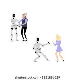 Flat cyborg robot assistant helps elderly senior man to walk, dancing with young woman in purple dress set. futuristic computer technologies at home and at party. Vector illustration