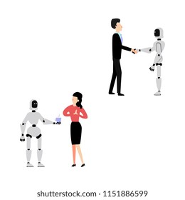 Flat cyborg robot assistant waiter at cafe or restaurant serving young woman with coffee or tea cup., shaking hand to businessman set. Artificial intelligence, futuristic computer technologies. Vector