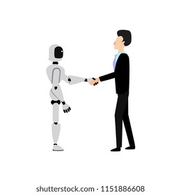 Flat cyborg robot shakes hand to businessman in suit. Successful deal, teamwork within artificial intelligence and human, sign of partnership agreement and futuristic technologies. Vector illustration