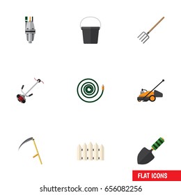 Flat Dacha Set Of Grass-Cutter, Cutter, Pail And Other Vector Objects. Also Includes Cutter, Equipment, Spatula Elements.