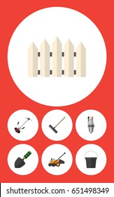 Flat Dacha Set Of Grass-Cutter, Pump, Wooden Barrier And Other Vector Objects. Also Includes Mower, Tool, Fence Elements.