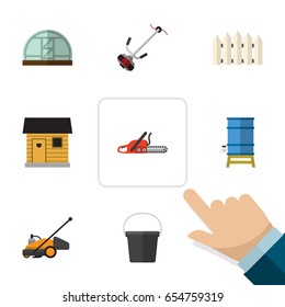 Flat Dacha Set Of Hacksaw, Pail, Stabling And Other Vector Objects. Also Includes Fence, Stabling, Greenhouse Elements.