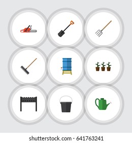 Flat Dacha Set Of Harrow, Barbecue, Container And Other Vector Objects. Also Includes Watering, Fork, Harrow Elements.