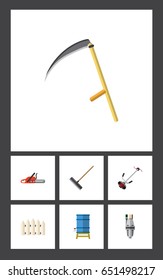Flat Dacha Set Of Harrow, Cutter, Container And Other Vector Objects. Also Includes Rake, Scythe, Tank Elements.