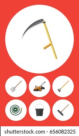 Flat Dacha Set Of Hosepipe, Harrow, Cutter And Other Vector Objects. Also Includes Mower, Pitchfork, Garden Elements.