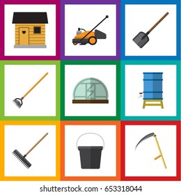 Flat Dacha Set Of Hothouse, Pail, Shovel And Other Vector Objects. Also Includes Tool, Bucket, Rake Elements.