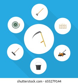Flat Dacha Set Of Lawn Mower, Tool, Pail And Other Vector Objects. Also Includes Gardening, Harrow, Bucket Elements.