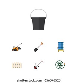 Flat Dacha Set Of Lawn Mower, Wooden Barrier, Pail And Other Vector Objects. Also Includes Container, Tool, Garden Elements.