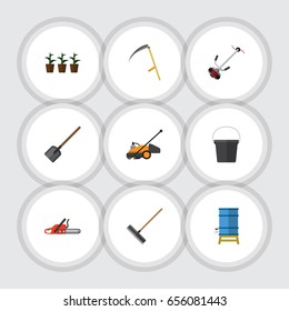 Flat Dacha Set Of Pail, Cutter, Flowerpot And Other Vector Objects. Also Includes Container, Shovel, Pail Elements.