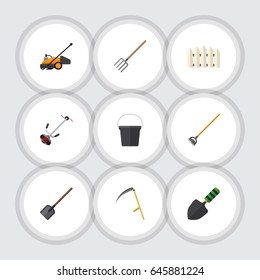 Flat Dacha Set Of Pail, Grass-Cutter, Cutter And Other Vector Objects. Also Includes Lawn, Container, Barrier Elements.