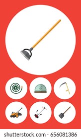 Flat Dacha Set Of Shovel, Hosepipe, Tool And Other Vector Objects. Also Includes Cutter, Scythe, Gardening Elements.