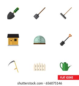 Flat Dacha Set Of Stabling, Trowel, Spade And Other Vector Objects. Also Includes Trowel, Shovel, Rake Elements.