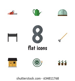Flat Dacha Set Of Tool, Barbecue, Hacksaw And Other Vector Objects. Also Includes Blade, Plant, Stabling Elements.
