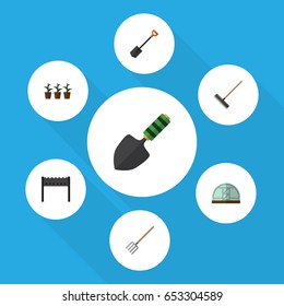 Flat Dacha Set Of Trowel, Hay Fork, Flowerpot And Other Vector Objects. Also Includes Greenhouse, Farm, Hothouse Elements.