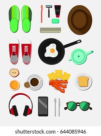 Flat daily life icons collection with footwear mobile headphone sunglasses morning tools breakfast food isolated vector illustration 