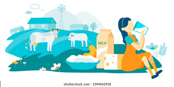 Flat Dairy Cow Family Farm Vector Illustration. Girl Drinking Milk on Background Grazing Cows. Dairy Products are Made from Natural Milk. Cottage Cheese and Hard Cheese are on Grass.