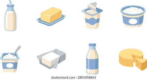 Flat dairy food icon collection featuring milk bottles, butter, yogurt cups, cottage cheese, cream cheese, and cheese wheel. Ideal for grocery packaging, food labels, restaurant menus, nutrition guides, educational materials, and dairy industry designs.