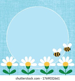 Flat daisy and bee vector illustration. Round centerpiece element with chamomile flowers and bees on baby blue textured background.