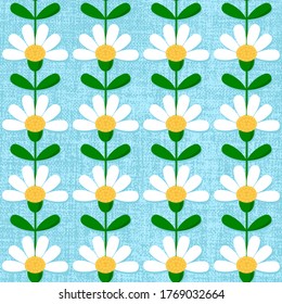 Flat daisy seamless pattern. Repeatable vector background with chamomile flowers in regular rows on baby blue textured background.