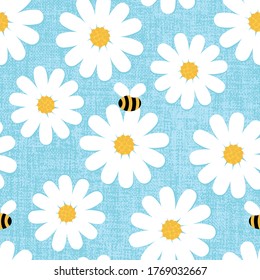 Flat daisy seamless pattern. Repeatable vector background with chamomile flowers on baby blue textured background.