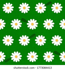 Flat daisy seamless pattern. Repeatable vector background with tiny chamomile flowers in regular rows on dark green textured background.