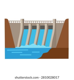 Flat dam icon isolated on white background. Water reservoir barrier for hydroelectric power, flood control, irrigation, water storage and civil engineering vector illustration