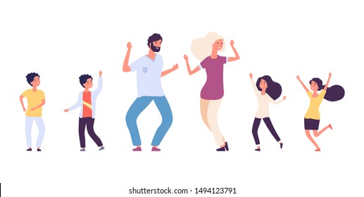 Flat dancing people. Happy kids and adults dancers vector characters. Male and female dance battle concept