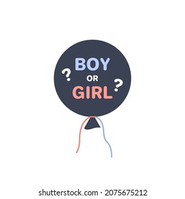 Flat dark blue balloon with text boy or girl isolated on white background. Gender reveal party element design. Black ball with confetti for banner flyer invitation card. Color vector illustration.