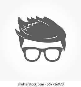 flat dark grey geek head icon with smooth hair style wearing eye glass with no eye balls