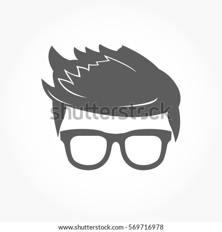 flat dark grey geek head icon with smooth hair style wearing eye glass with no eye balls