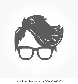 flat dark grey geek icon head with smooth hairstyle wearing eye glass with no eye balls