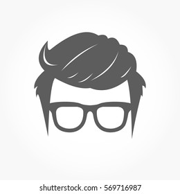flat dark grey geek icon head with smooth hairstyle wearing eye glass with no eye balls