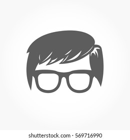 flat dark grey geek icon head with smooth hairstyle wearing eye glass with no eye balls