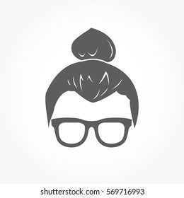 flat dark grey geek icon head with smooth hairstyle wearing eye glass with no eye balls