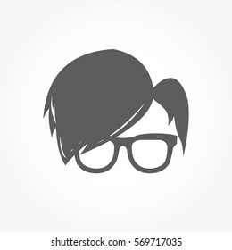 flat dark grey geek icon head with smooth hairstyle wearing eye glass with no eye balls