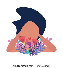 Flat dark haired girl with bunch of spring flowers vector illustration