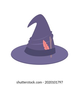Flat dark witch hat with leaf and twig vector illustration
