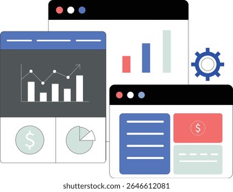 Gráfico de estilo de tablero plano con múltiples mini gráficos que incluyen conversión de crecimiento e ingresos con iconografía simple para el tema de métricas de negocio - Ilustración vectorial
