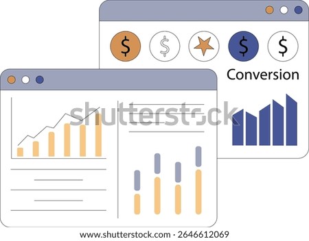 Flat Dashboard Style Illustration Featuring Multiple Mini Charts for Growth Conversion and Revenue With Clean Iconography and Minimal Design Elements - Vector Illustration