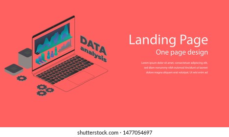 Flat data analysis isometric laptop notebook vector illustration. Landing page template and infographic statistics diagram elements on a red color background. Infrastructure network website