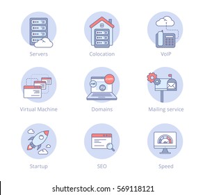 Flat data center icons for different categories of services	
