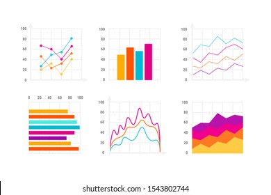 Flat data tools finance diagram, bar chart and area graphic set. Financial, statistical and marketing data visualization elements. Vector Illustration for web site, presentation, apps