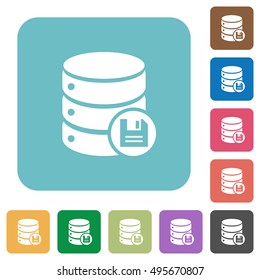 Flat database save icons on rounded square color backgrounds.