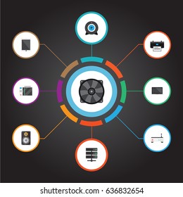 Flat Datacenter, Amplifier, Web Cam And Other Vector Elements. Set Of Notebook Flat Symbols Also Includes Router, Loudspeaker, Play Objects.
