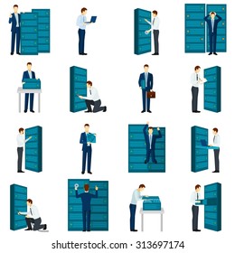 Flat datacenter icons set with servers and engineers figures isolated vector illustration