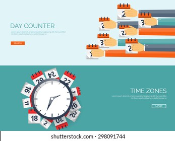 Flat date and time background. Hourglass, watch, calendar. Planning. 