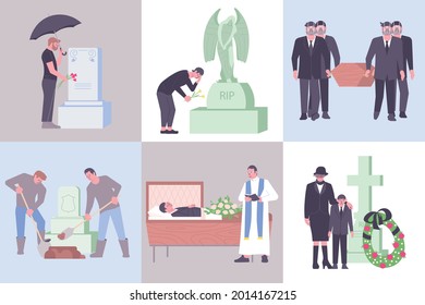 Flat death composition set with burial service in church funeral procession people on cemetery monument wreath isolated vector illustration